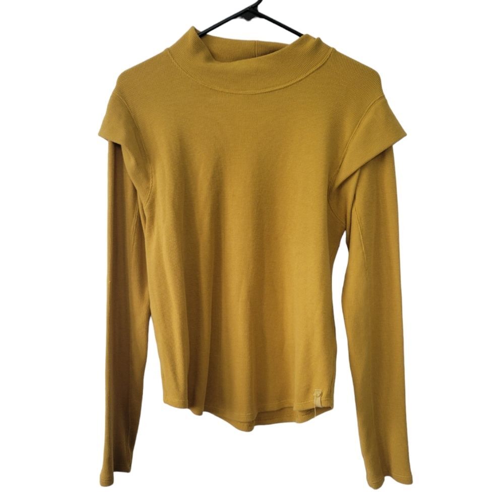 Free People Sure Thing Mustard Yellow Waffle Knit Thermal Top Size Medium